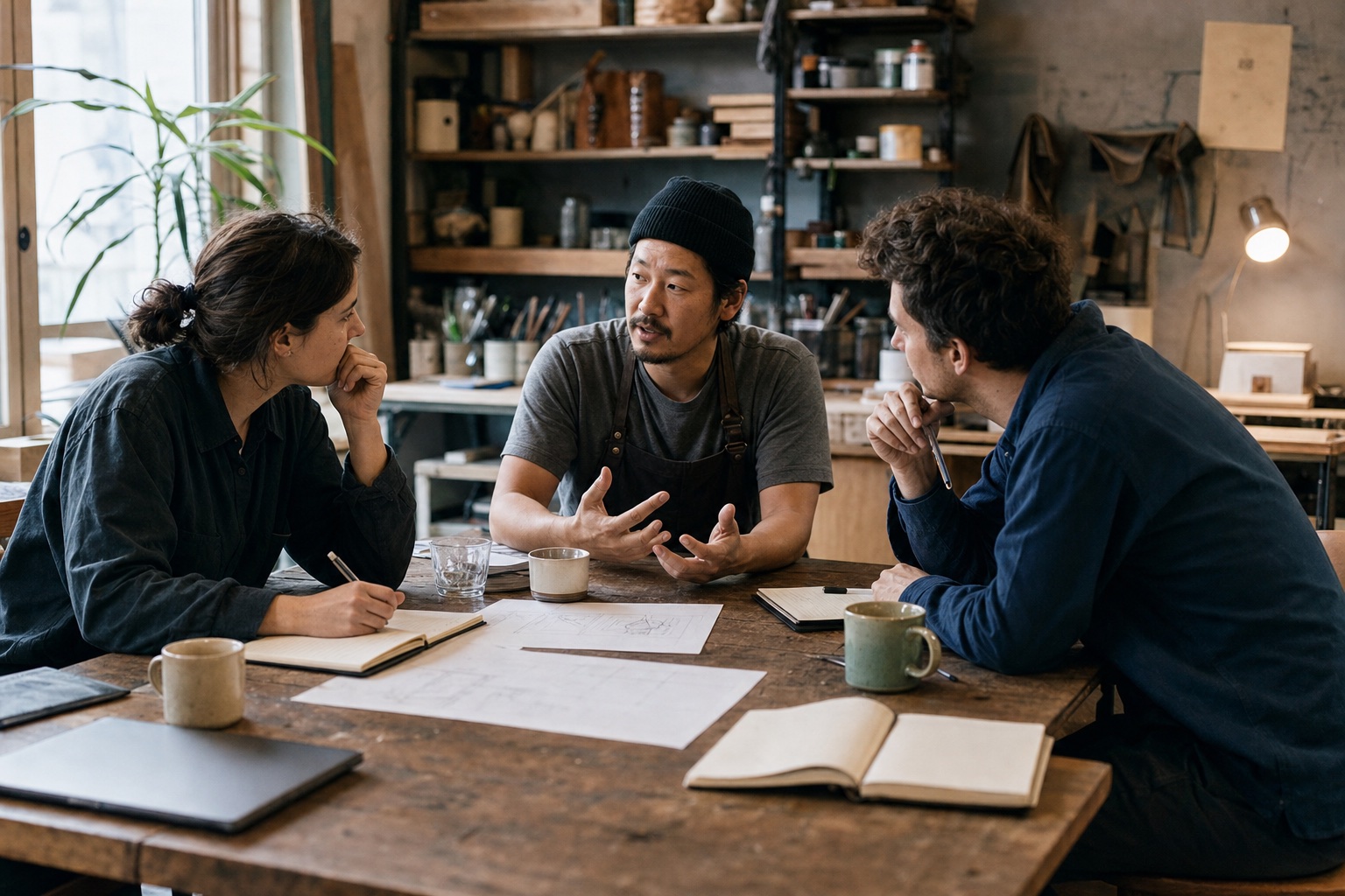 An independent business operator talks through a work problem while two builders listen and take notes.