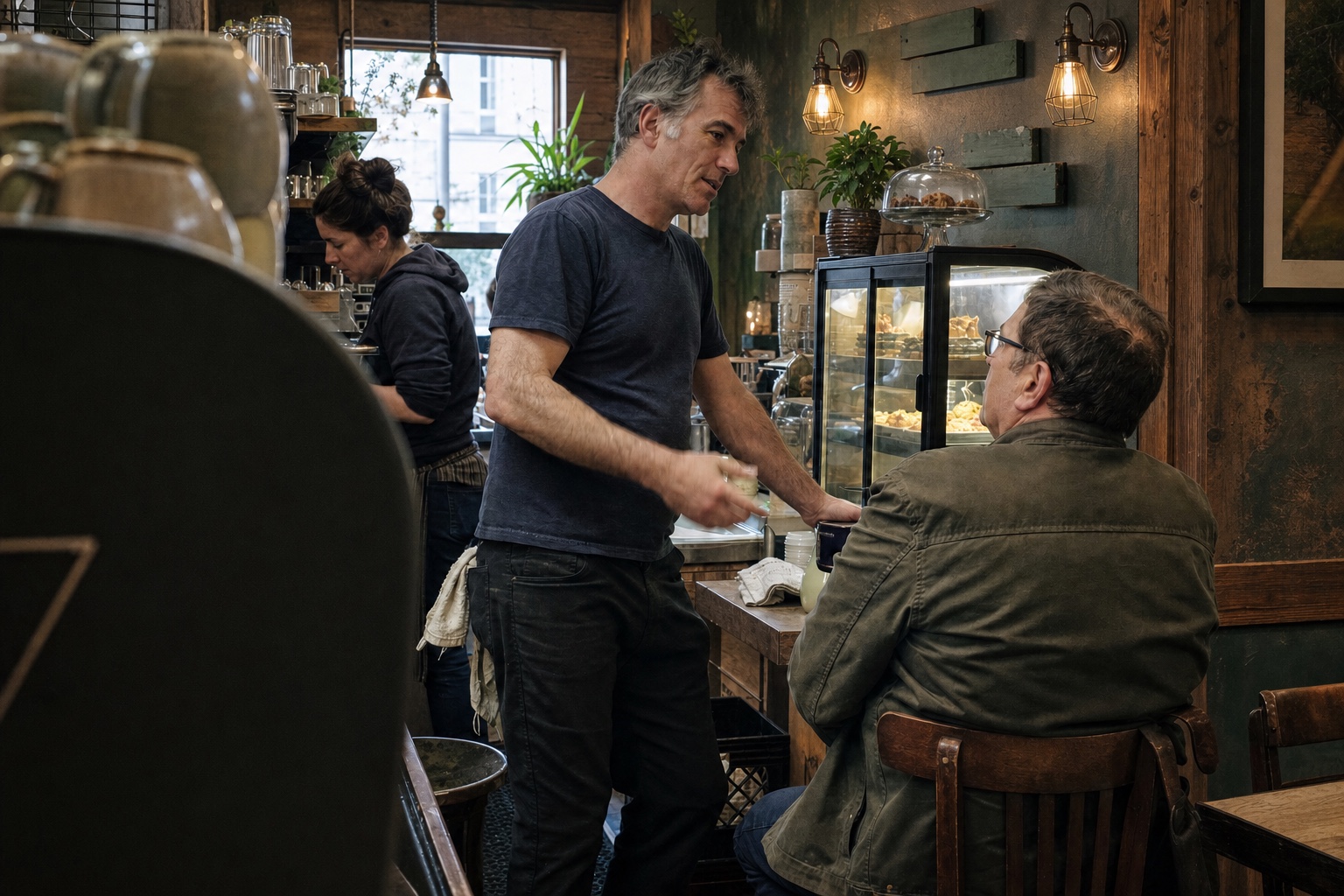 A neighborhood cafe owner checks in with a customer while the shop stays active.