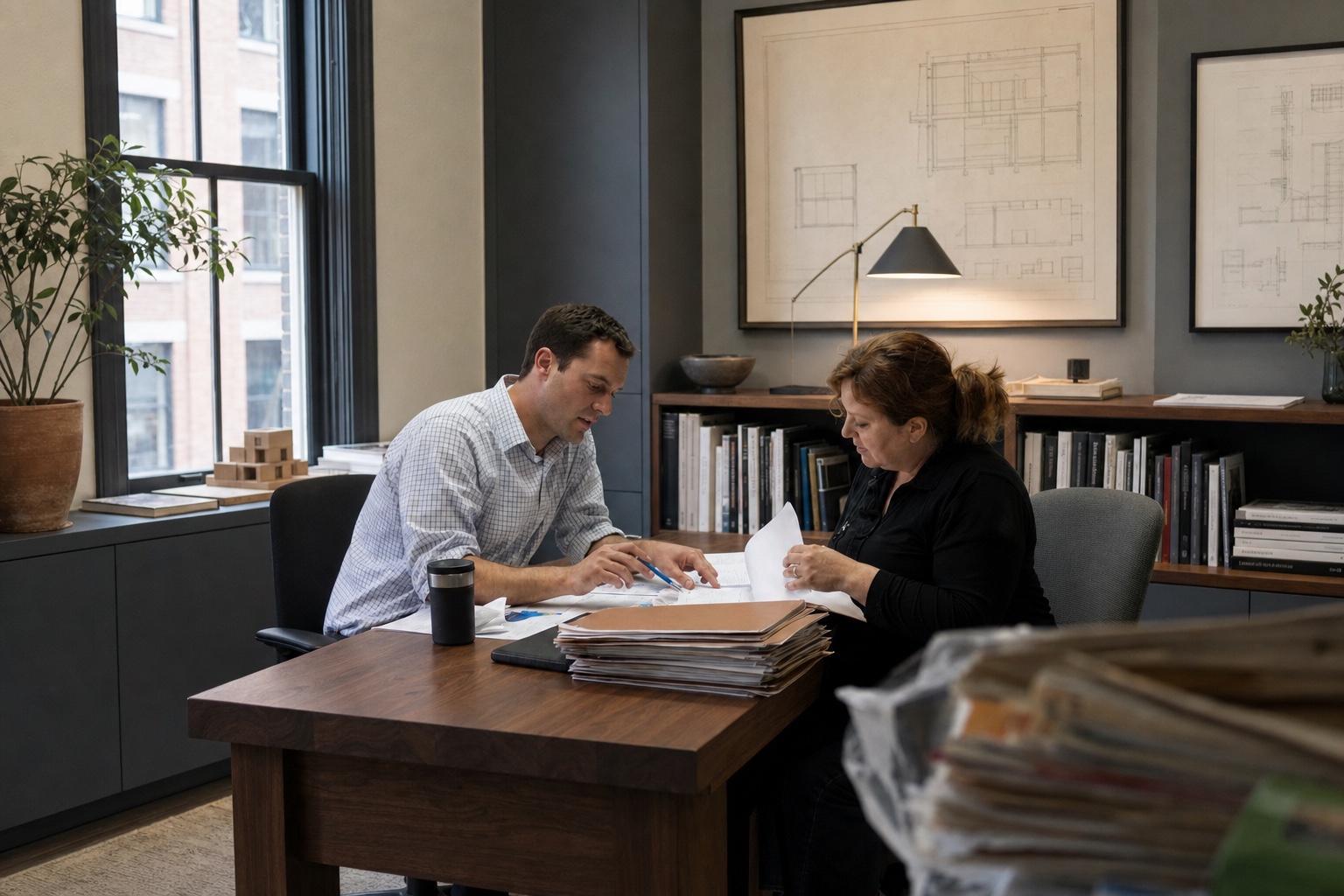 Two coworkers review client documents in a welcoming small office.
