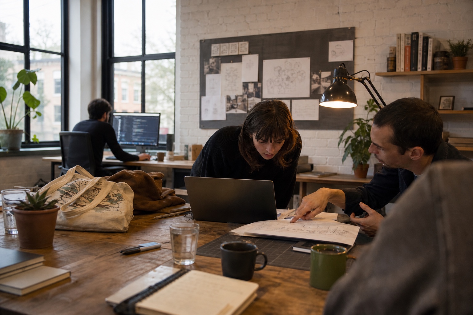 A founder and teammate work through a marked-up plan in a warm studio.