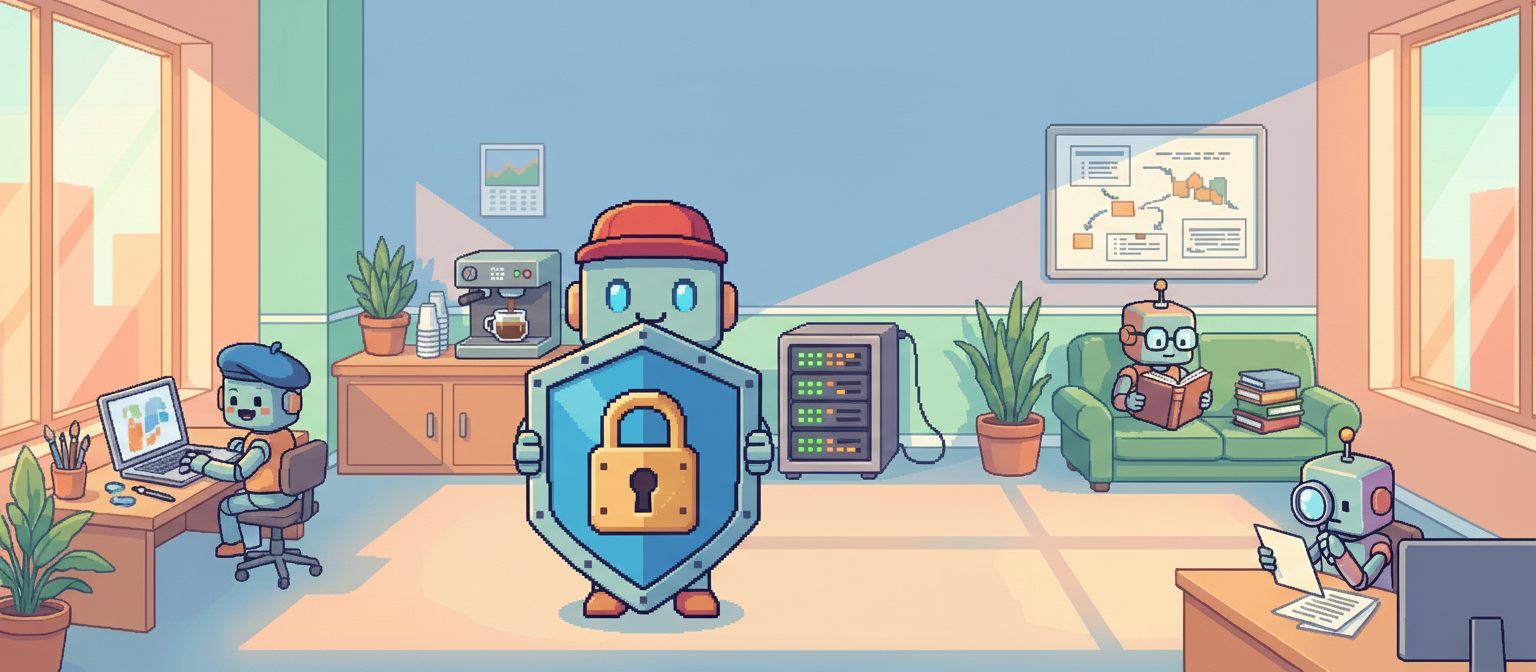 Pixel art robot guarding a server with shield and padlock